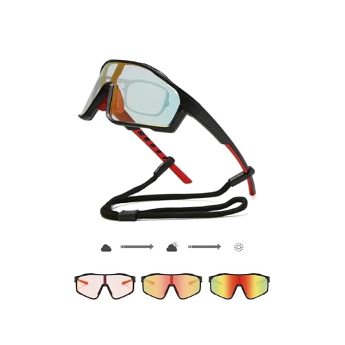 Fahrradbrille Selbsttönend Herren Photochromatische Sport Sonnenbrille mit Kurzsichtige Rahmen Sportbrille UV400 Rennrad Brille Schnelle Radfahren für Radsport,Laufen,Outdoor-Aktivitäten (Rot) von VisBeaut