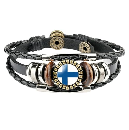 Geflochtenes Armband Mit Finnischer Flagge, Mehrschichtig Gewebtes Lederarmband Mit Nationalflagge Und Perlen, Verstellbar, Schmuckzubehör Für Männer Und Frauen (Black 1) von VisBeaut