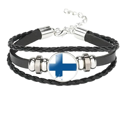 Geflochtenes Armband Mit Finnischer Flagge, Mehrschichtig Gewebtes Lederarmband Mit Nationalflagge Und Perlen, Verstellbar, Schmuckzubehör Für Männer Und Frauen (Black 2) von VisBeaut