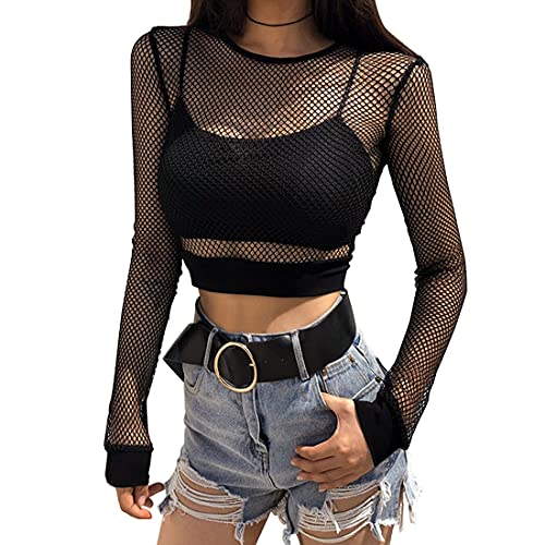 Damen Shirts Tüll Mesh Langarmshirts Oberteile Transparente Schwarz Langarm Tshirts Fishnet Sheer Lace High Stretch Slim Fit Mesh Sexy Bluse Tunika Casual Clubwear Tops (Schwarz, Einheitsgröße) von VicSec