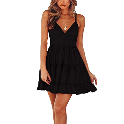 V Ausschnitt Kleid Damen Spitzenkleid Träger Rückenfreies Bogen Kleider Sommerkleider Strandkleider High Waist Volant Kleider Vintage Minikleid (Schwarz, 40 / L) von VisSec