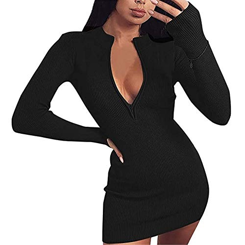 VicSec Damen Pullover Kleid Frauen Langarm Rückenfrei Kleid mit Bow Sexy Mini Bandage Mode Minikleid Elegante Winterkleid Modische Strickkleid Wickelkleid Hemdkleid Herbstkleid Partykleid Schwarz L von VicSec