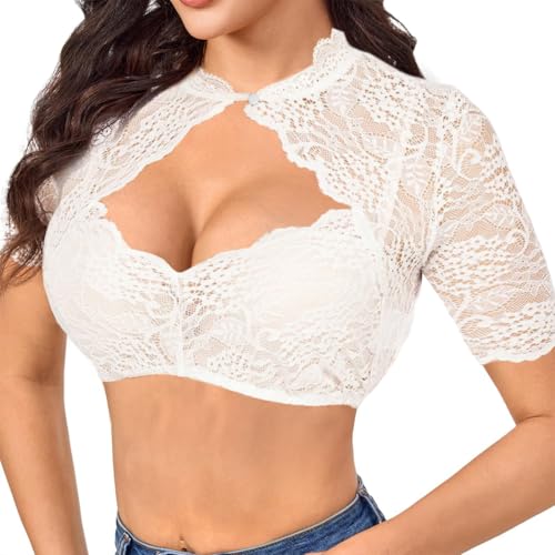 VisageVitalit Dirndl Bluse Damen, Dirndlbluse Spitze, Damen Dirndlbluse Spitze Weiß, Kurzärmelige Dirndlbluse mit Spitzenausschnitt und Knöpfen auf der Brust von VisageVitalitt
