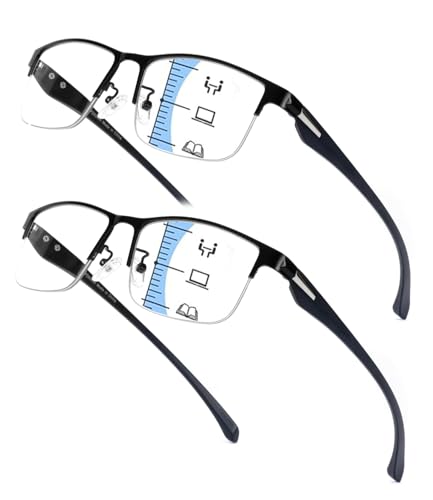 Viseng 2Pack Metall Progressive Multifokus Lesebrille Ultraleichte Anti Blaulicht Gleitsichtbrille mit Halbrahmen für Damen Herren 3.0 von Viseng