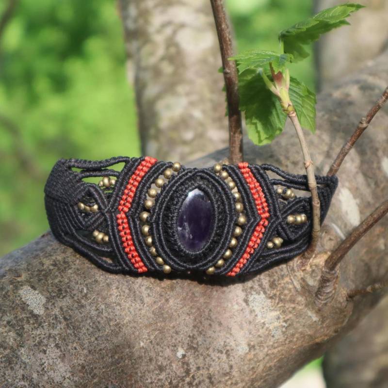 Schwarzes Armband Aus Handgeknüpftem Macramee Mit Amethyst, Makramearmband, Schutzstein, Chakra, Zauber, Goa , Boheme, Elfen von Vishaad143