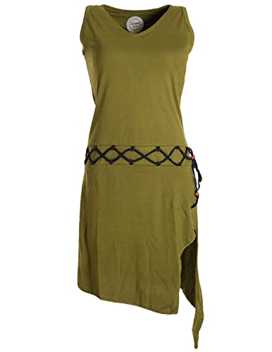 Vishes - Alternative Bekleidung - Ärmelloses Kleid asymmetrisch Beinausschnitt Gürtel-Schnürung Bio-Baumwolle Olive 34 von Vishes