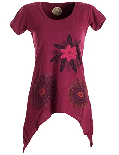 Vishes - Alternative Bekleidung - Asymmetrisch geschnittenes Longshirt, Elfen Tunika mit großen Blumen Bedruckt dunkelrot 36 von Vishes