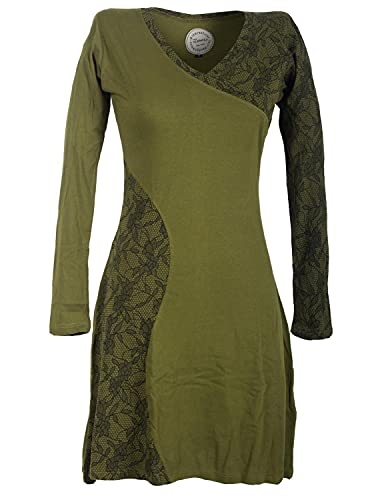 Vishes - Alternative Bekleidung - Asymmetrisches Damen Lagenlook Kleid Baumwolle mit Spitze Bedruckt Olive 36-38 von Vishes