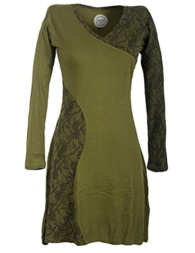 Vishes - Alternative Bekleidung - Asymmetrisches Damen Lagenlook Kleid Baumwolle mit Spitze Bedruckt Olive 40-42 von Vishes
