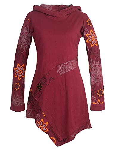 Vishes - Alternative Bekleidung - Asymmetrisches Langarm Damen Baumwoll Blumen-Kleid Hoodie mit Kapuze dunkelrot 36 von Vishes