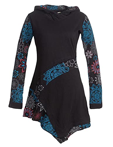 Vishes - Alternative Bekleidung - Asymmetrisches Langarm Damen Baumwoll Blumen-Kleid Hoodie mit Kapuze schwarz 36 von Vishes