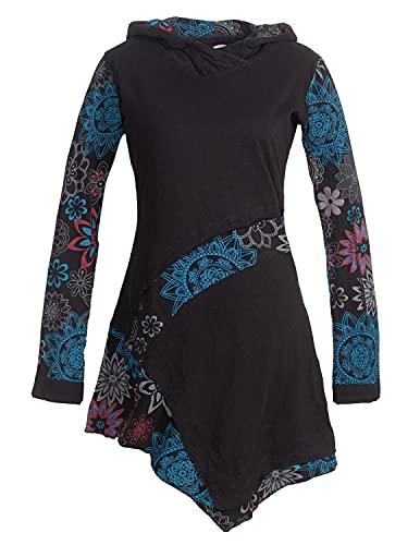 Vishes - Alternative Bekleidung - Asymmetrisches Langarm Damen Baumwoll Blumen-Kleid Hoodie mit Kapuze schwarz 44 von Vishes