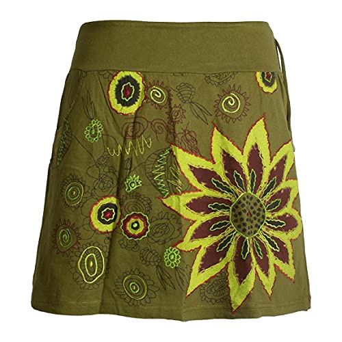 Vishes - Alternative Bekleidung - Außergewöhnlicher Damen Baumwoll-Rock mit Großer Gestickter Blume Olive 42 von Vishes