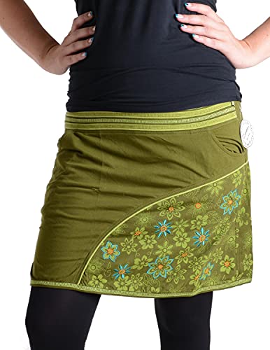 Vishes - Alternative Bekleidung - Bedruckter und bestickter Baumwollrock mit Blumen und ?Hosentaschen? Olive 44 von Vishes