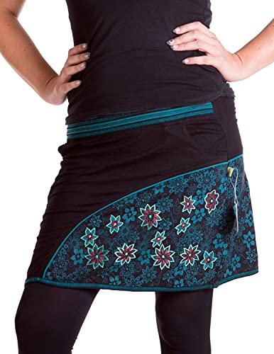 Vishes - Alternative Bekleidung - Bedruckter und bestickter Baumwollrock mit Blumen und ?Hosentaschen? schwarz-türkis 36 von Vishes