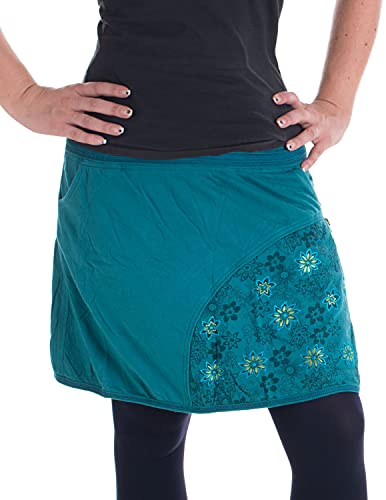 Vishes - Alternative Bekleidung - Bedruckter und bestickter Baumwollrock mit Blumen und ?Hosentaschen? türkis-blau 38 von Vishes