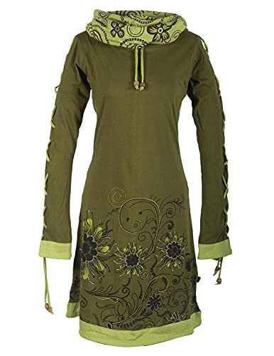 Vishes - Alternative Bekleidung - Bedrucktes Langarm Damen Blumen Kleid mit Schalkragen und Schnüren Olive 36 von Vishes