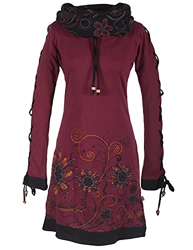 Vishes - Alternative Bekleidung - Bedrucktes Langarm Damen Blumen Kleid mit Schalkragen und Schnüren dunkelrot 38-40 von Vishes