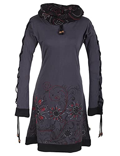 Vishes - Alternative Bekleidung - Bedrucktes Langarm Damen Blumen Kleid mit Schalkragen und Schnüren grau 42 von Vishes