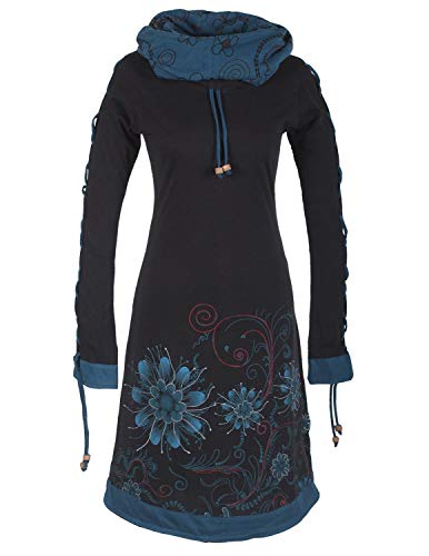 Vishes - Alternative Bekleidung - Bedrucktes Langarm Damen Blumen Kleid mit Schalkragen und Schnüren schwarz 34-36 von Vishes
