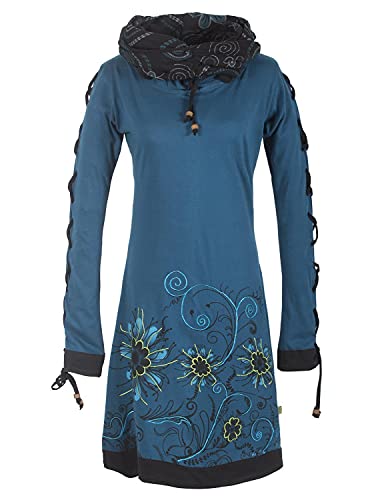 Vishes - Alternative Bekleidung - Bedrucktes Langarm Damen Blumen Kleid mit Schalkragen und Schnüren türkis 38-40 von Vishes