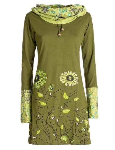 Vishes - Alternative Bekleidung - Damen Blumen-Kleid Langarm-Shirtkleid Schal-Kleid Baumwollkleid Olive 38 von Vishes