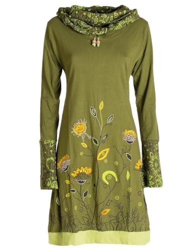 Vishes - Alternative Bekleidung - Damen Blumen-Kleid Langarm-Shirtkleid Schal-Kragen Baumwollkleid Olive 34 von Vishes