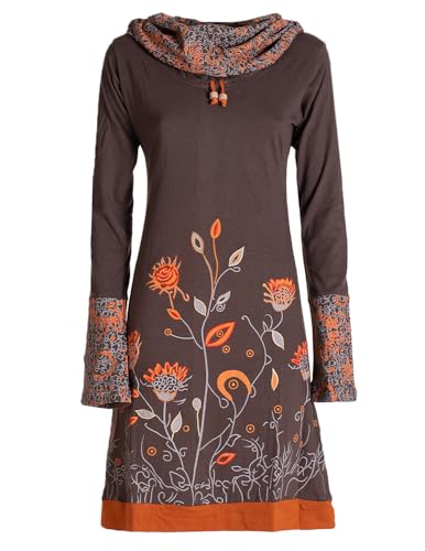 Vishes - Alternative Bekleidung - Damen Blumen-Kleid Langarm-Shirtkleid Schal-Kragen Baumwollkleid braun 46 von Vishes