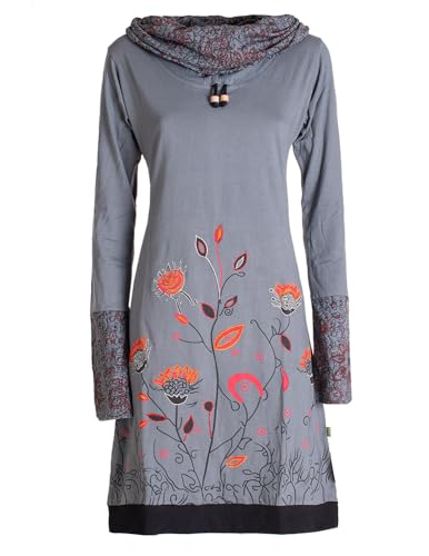 Vishes - Alternative Bekleidung - Damen Blumen-Kleid Langarm-Shirtkleid Schal-Kragen Baumwollkleid grau 36 von Vishes