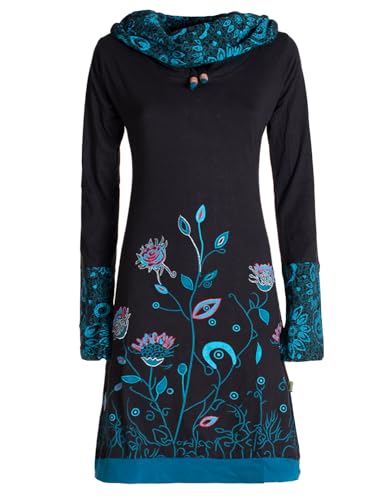 Vishes - Alternative Bekleidung - Damen Blumen-Kleid Langarm-Shirtkleid Schal-Kragen Baumwollkleid schwarz 46 von Vishes