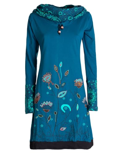 Vishes - Alternative Bekleidung - Damen Blumen-Kleid Langarm-Shirtkleid Schal-Kragen Baumwollkleid türkis 34 von Vishes