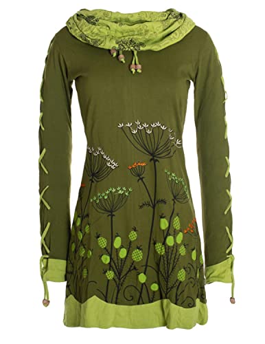 Vishes Blumenkleid Langarm-Shirtkleid mit Schalkragen in Olive | Größe S (36) | Handgefertigt aus 100% Baumwolle | Ideal für Jede Jahreszeit | Nachhaltige Alternative Bekleidung von Vishes