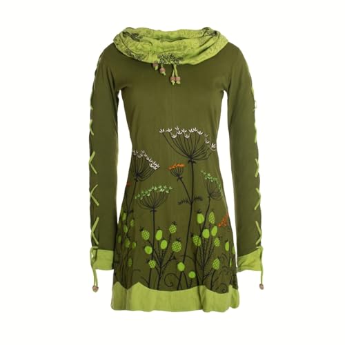 Vishes Blumenkleid Langarm-Shirtkleid mit Schalkragen in Olive | Größe M (38-40) | Handgefertigt aus 100% Baumwolle | Ideal für Jede Jahreszeit | Nachhaltige Alternative Bekleidung von Vishes