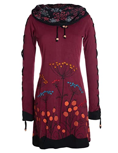 Vishes - Alternative Bekleidung - Damen Blumenkleid Langarm-Shirtkleid Baumwollkleid mit Schnüren dunkelrot 42 von Vishes