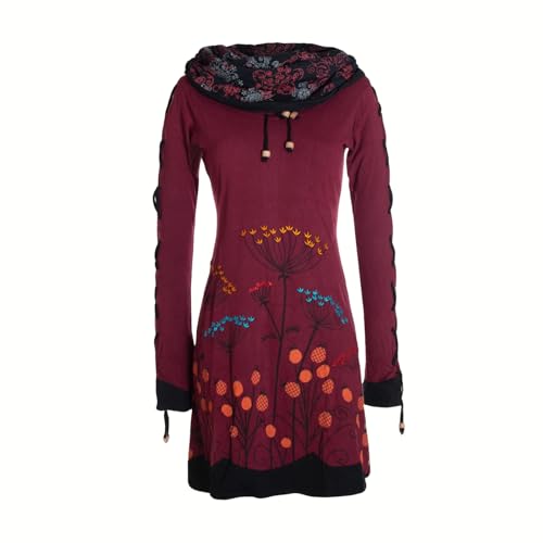 Vishes Blumenkleid Langarm-Shirtkleid mit Schalkragen in Dunkelrot | Größe XL (44) | Handgefertigt aus 100% Baumwolle | Ideal für Jede Jahreszeit | Nachhaltige Alternative Bekleidung von Vishes