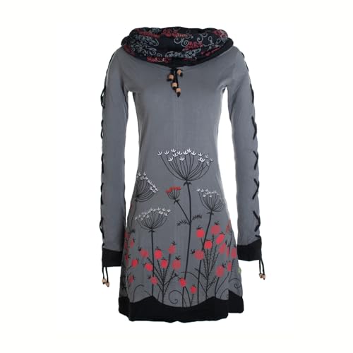 Vishes Blumenkleid Langarm-Shirtkleid mit Schalkragen in Grau | Größe XL (44) | Handgefertigt aus 100% Baumwolle | Ideal für Jede Jahreszeit | Nachhaltige Alternative Bekleidung von Vishes
