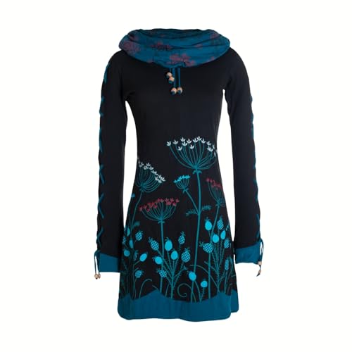 Vishes Blumenkleid Langarm-Shirtkleid mit Schalkragen in Schwarz | Größe XS (34) | Handgefertigt aus 100% Baumwolle | Ideal für Jede Jahreszeit | Nachhaltige Alternative Bekleidung von Vishes