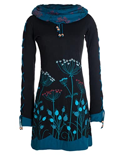 Vishes - Alternative Bekleidung - Damen Blumenkleid Langarm-Shirtkleid Baumwollkleid mit Schnüren schwarz 42 von Vishes