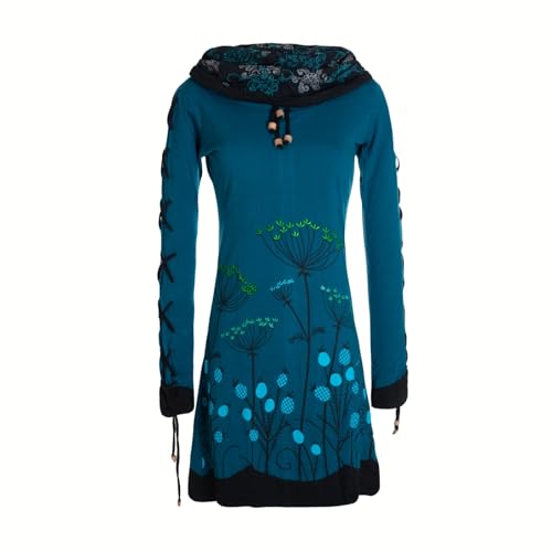 Vishes Blumenkleid Langarm-Shirtkleid mit Schalkragen in Türkis | Größe S (36) | Handgefertigt aus 100% Baumwolle | Ideal für Jede Jahreszeit | Nachhaltige Alternative Bekleidung von Vishes