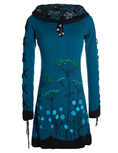Vishes - Alternative Bekleidung - Damen Blumenkleid Langarm-Shirtkleid Baumwollkleid mit Schnüren türkis 38-40 von Vishes