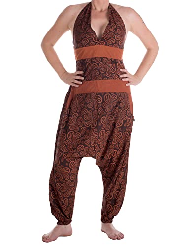 Vishes - Alternative Bekleidung - Damen Hippie Latzhose Overall Haremshose Neckholder aus Baumwolle mit Blümchen Braun 42 von Vishes