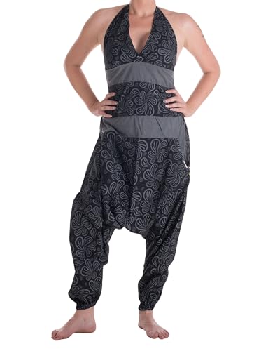 Vishes - Alternative Bekleidung - Damen Hippie Latzhose Overall Haremshose Neckholder aus Baumwolle mit Blümchen Schwarz-Grau 38 von Vishes