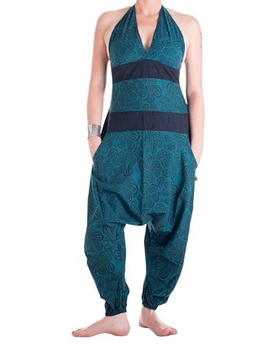 Vishes - Alternative Bekleidung - Damen Hippie Latzhose Overall Haremshose Neckholder aus Baumwolle mit Blümchen Türkis 40 von Vishes