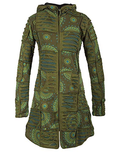 Vishes - Alternative Bekleidung - Damen Hippie Patchworkmantel Baumwolle Cutwork Druck Zipfelkapuze olive 38 von Vishes