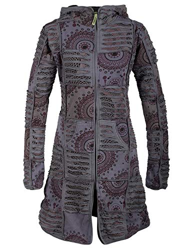 Vishes - Alternative Bekleidung - Damen Hippie Patchworkmantel Baumwolle Cutwork Druck Zipfelkapuze grau 40 von Vishes