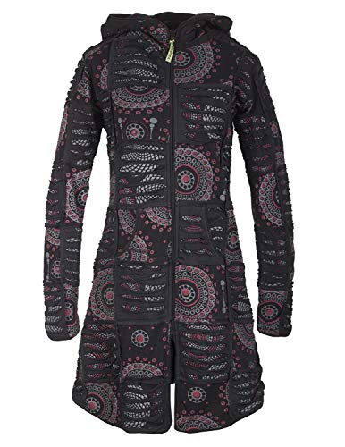 Vishes - Alternative Bekleidung - Damen Hippie Patchworkmantel Baumwolle Cutwork Druck Zipfelkapuze schwarz 38 von Vishes