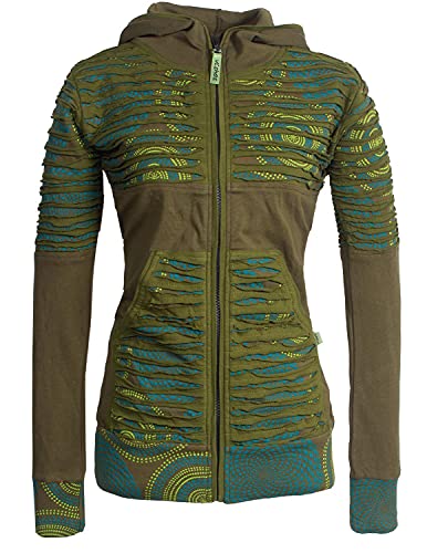 Vishes - Alternative Bekleidung - Damen Hoodie Kapuzenjacke Baumwolle Gestreift Mandala Cutwork Patchwork Olive 48-50 von Vishes