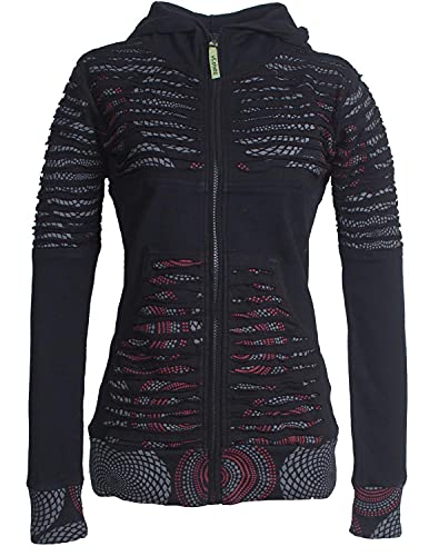 Vishes - Alternative Bekleidung - Damen Hoodie Kapuzenjacke Baumwolle Gestreift Mandala Cutwork Patchwork schwarz 38-40 von Vishes