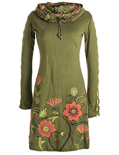 Vishes - Alternative Bekleidung - Damen Kleid mit Blumen-Muster Langarm Herbst Frühling Schalkragen Olive 46 von Vishes
