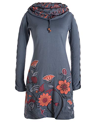 Vishes - Alternative Bekleidung - Damen Kleid mit Blumen-Muster Langarm Herbst Frühling Schalkragen grau 42 von Vishes
